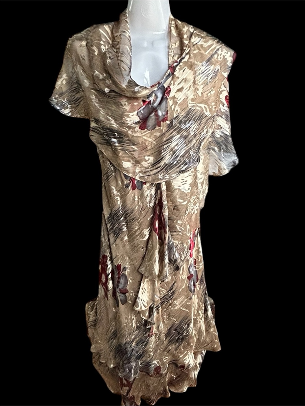 SIMPLY SILK Taupe Floral Dress with Red and Gray Accents, Matching Shawl, Large. - Picture 2 of 10